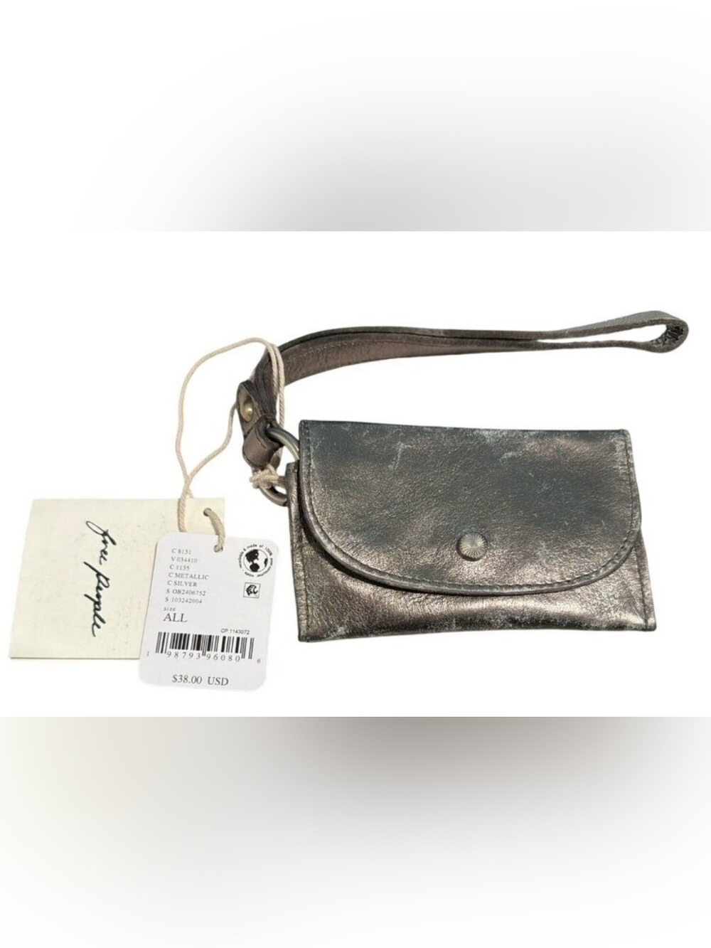 Free People Distressed Silver Leather Tri Fold Wallet Wristlet Keychain NWT